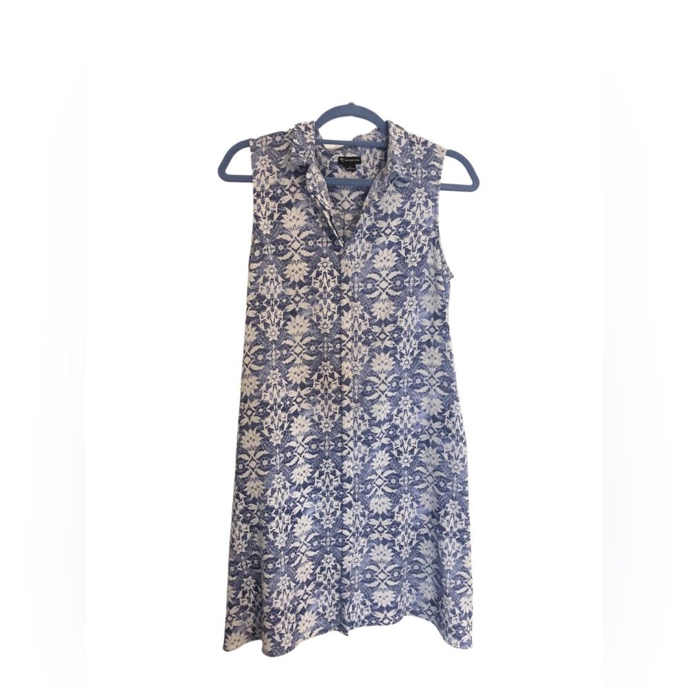 Blue and white printed button down dress